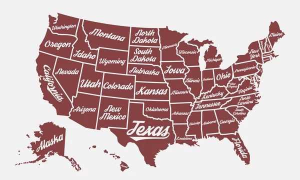 アメリカ合衆国州名とマップ ビンテージ アメリカ ポスター マップ ベクトル図 — ストックベクタ