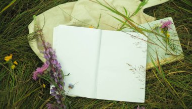 çim arka planda boş defter .