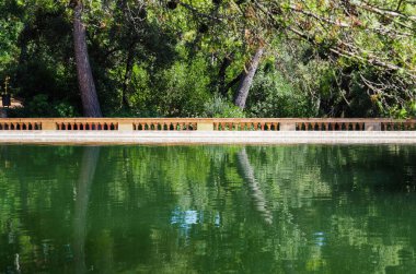 Ağaçlarla dolu bir park ve eski bir gölet.