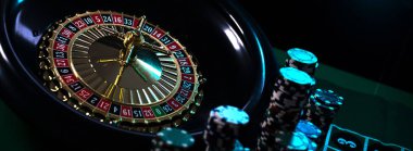  Casino arka plan, rulet tekerleği hareket oyun masada poker fişleri,