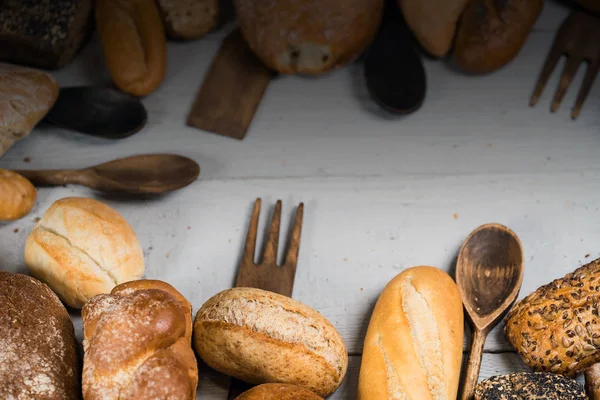 Různé Chutné Bochníky Chleba Jídlo Pozadí — Stock fotografie