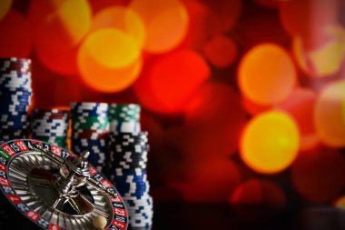  Casino arka plan, rulet tekerleği hareket oyun masada poker fişleri