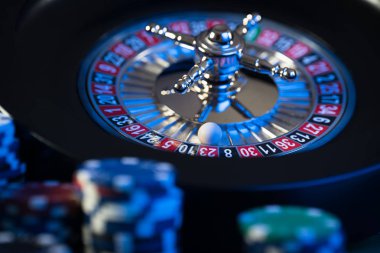  Casino arka plan, rulet tekerleği hareket oyun masada poker fişleri