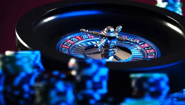 Casino Van Achtergrond Poker Chips Speeltafel Roulettewiel Beweging — Stockfoto