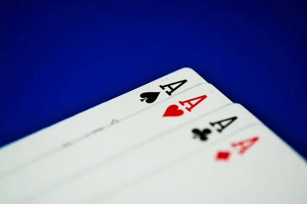 Close Playing Cards Aces Blue Background — Stock Photo, Image