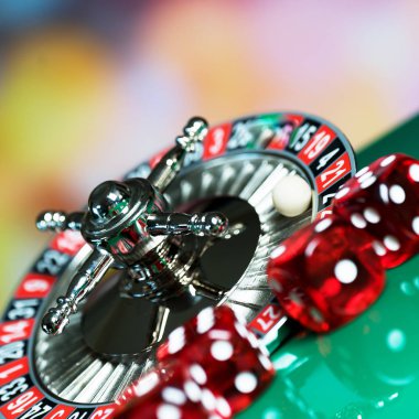  Casino arka plan, rulet tekerleği hareket ve zar küpleri