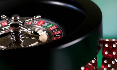  Casino arka plan, rulet tekerleği hareket ve zar küpleri