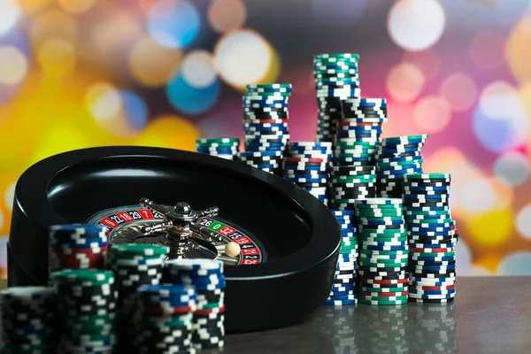 Casino Background Poker Chips Gaming Table Roulette Wheel Motion — Stock Photo, Image