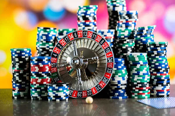 Casino Background Poker Chips Gaming Table Roulette Wheel Motion — Stock Photo, Image