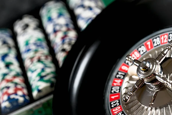 Casino Bakgrund Pokermarker Spel Bord Roulettehjulet Rörelse — Stockfoto