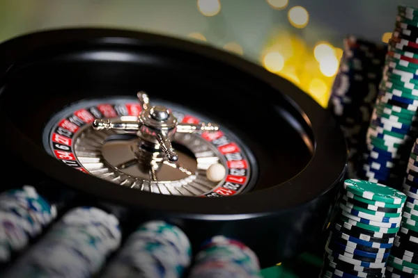 Casino Background Poker Chips Gaming Table Roulette Wheel Motion — Stock Photo, Image