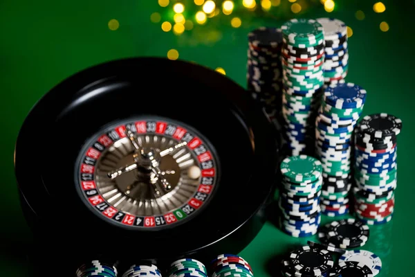 Casino Background Poker Chips Gaming Table Roulette Wheel Motion — Stock Photo, Image