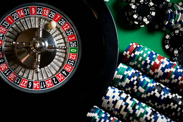 Casino Background Poker Chips Gaming Table Roulette Wheel Motion — Stock Photo, Image