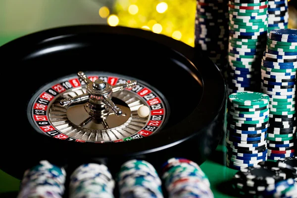 Casino Background Poker Chips Gaming Table Roulette Wheel Motion — Stock Photo, Image