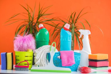 Ev temizlik kavramı. Çeşitli temizlik ürünleri, tipografi için yer