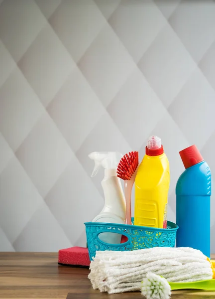 Home cleaning concept. Various Cleaning Products, place for typography