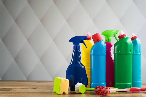Home Cleaning Concept Various Cleaning Products Place Typography — Stock Photo, Image