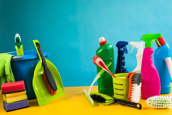 Home Cleaning Concept Various Cleaning Products Place Typography — Stock Photo, Image