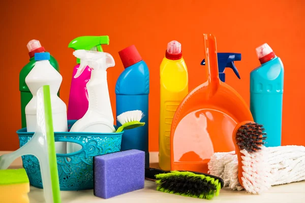 Home Cleaning Concept Various Cleaning Products Place Typography — Stock Photo, Image