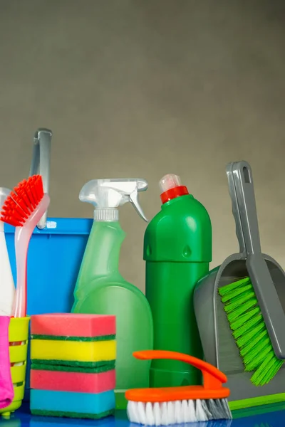 Home Cleaning Concept Various Cleaning Products Place Typography — Stock Photo, Image