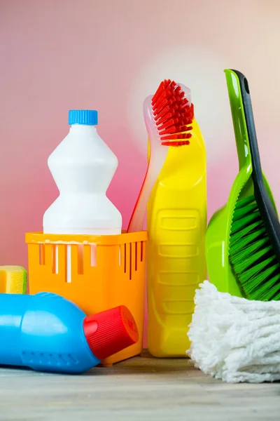 Home Cleaning Concept Various Cleaning Products Place Typography — Stock Photo, Image