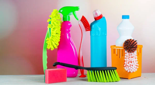 Home cleaning concept. Various Cleaning Products, place for typography