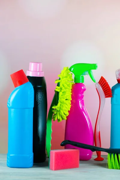 Home cleaning concept. Various Cleaning Products, place for typography