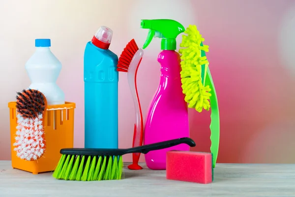 Home cleaning concept. Various Cleaning Products, place for typography