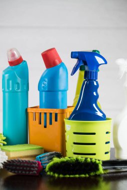 Ev temizlik kavramı. Çeşitli temizlik ürünleri, tipografi için yer