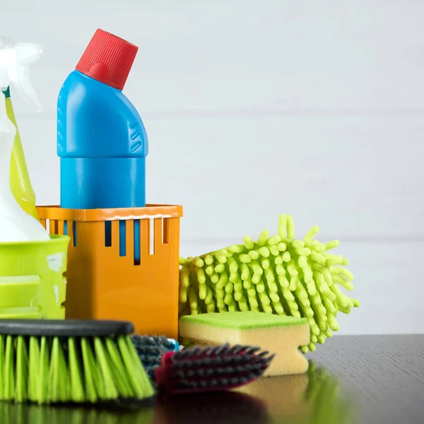 Home cleaning concept. Various Cleaning Products, place for typography