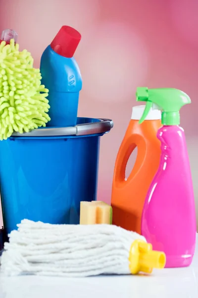 Home cleaning concept. Various Cleaning Products, place for typography