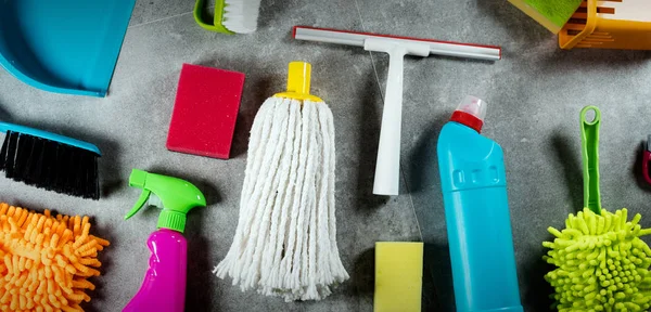 Home cleaning concept. Various Cleaning Products, place for typography