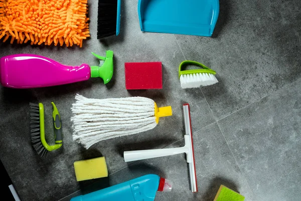 Home Cleaning Concept Various Cleaning Products Place Typography — Stock Photo, Image