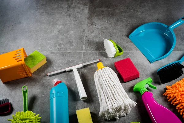 Home cleaning concept. Various Cleaning Products, place for typography