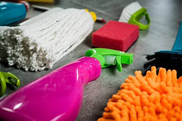 Home Cleaning Concept Various Cleaning Products Place Typography — Stock Photo, Image