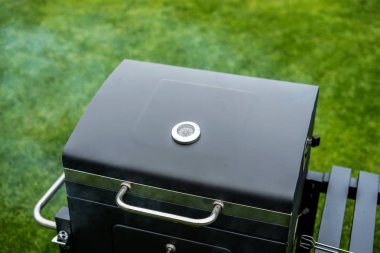 Yeşil çimenlerin üzerinde duran siyah ızgara