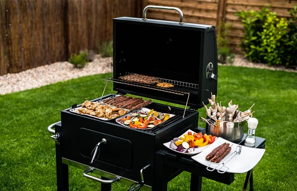 Smakelijke Garnalen Vlees Met Groenten Koken Grill — Stockfoto