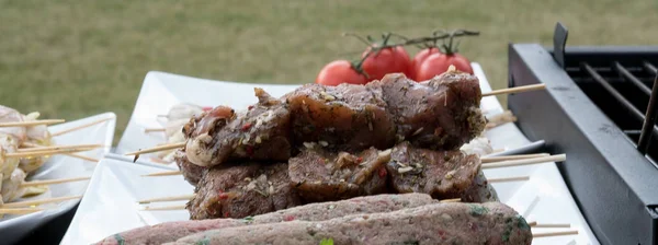 Carne Crua Espetos Pronta Para Grelhar — Fotografia de Stock
