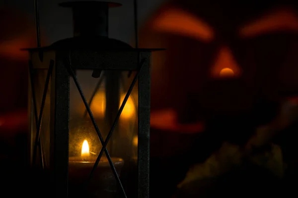 Fener Ile Kafatası Ürkütücü Halloween Arka Plan — Stok fotoğraf