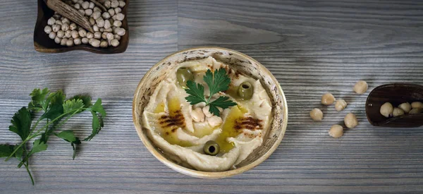 Hummus Com Grão Bico Fresco Salsa Tradicional Mergulho Levantine — Fotografia de Stock