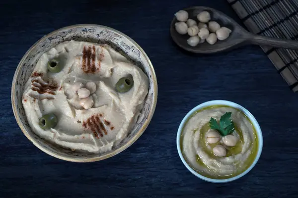 Hummus Com Grão Bico Fresco Salsa Tradicional Mergulho Levantine — Fotografia de Stock
