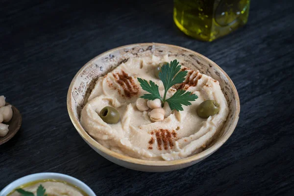 Hummus Fresh Chickpeas Parsley Traditional Levantine Dip — Stock Photo, Image