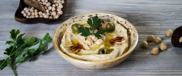 Hummus Com Grão Bico Fresco Salsa Tradicional Mergulho Levantine — Fotografia de Stock