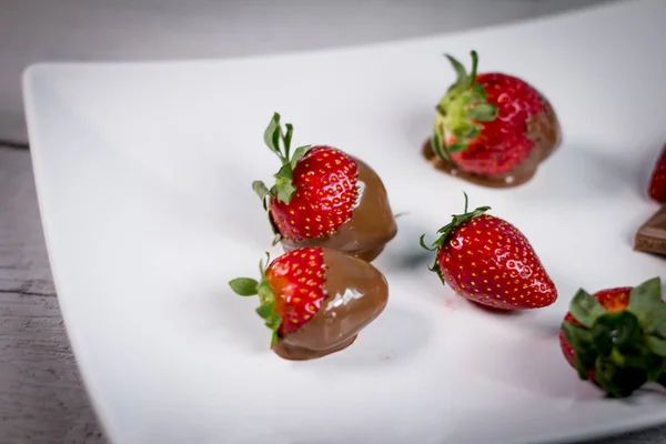 Köstliche Reife Erdbeere Mit Vollmilchschokolade — Stockfoto