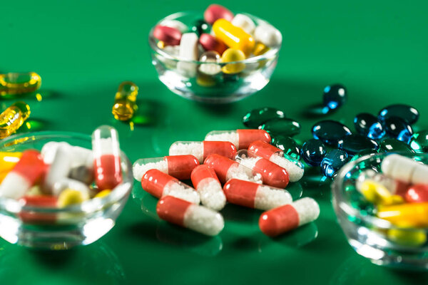 Close up of colorful pills for treatment.