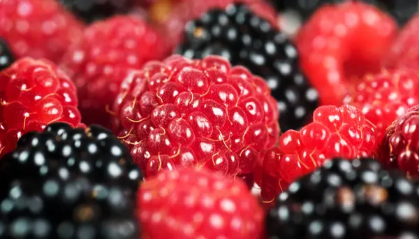 Primer Plano Deliciosas Frambuesas Sabrosas Moras —  Fotos de Stock