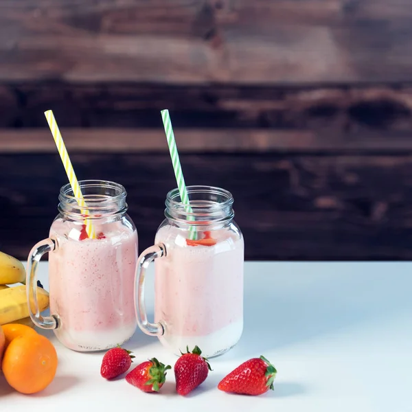 Yogurt Glass Jars Fruits Table — Stock Photo, Image