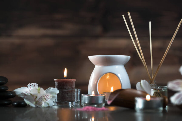 Aromatherapy concept. Candles, organic remedy for relaxation.