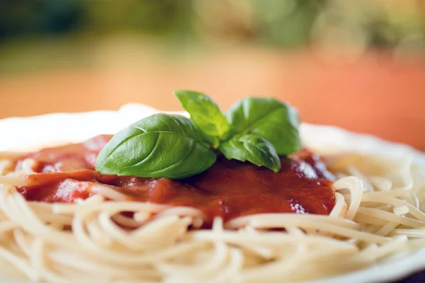 Pasta Italia Dengan Saus Tomat Dan Daun Kemangi — Stok Foto