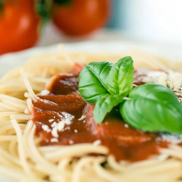 Italian pasta with tomato sauce and basil leaves